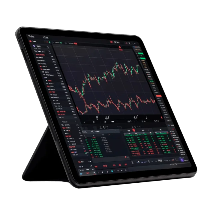 Tablet che mostra una dashboard di trading azionario